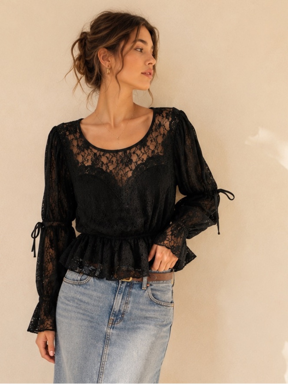 Ronny Kobo Sheer Lace Peplum Gothic Romantic Blouse Revolve Sz S